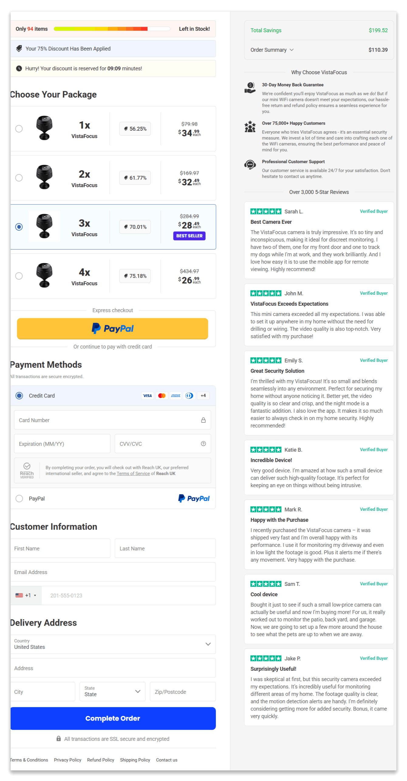 VistaFocus secure checkout page